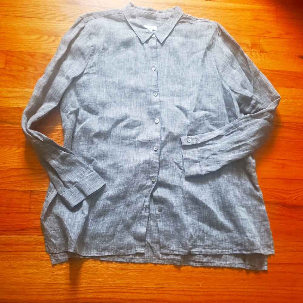 J Jill Love Linen Shirt Women XL Light Gray Flowy Boho Lagenlook Coastal Granny